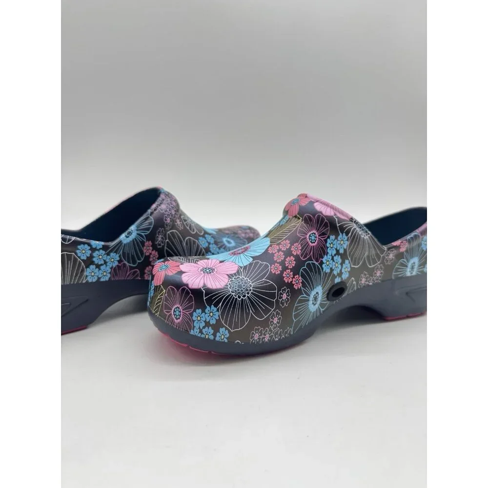 Black Floral Slip-On Clogs in Pink & Turquoise - Picture 10 of 15